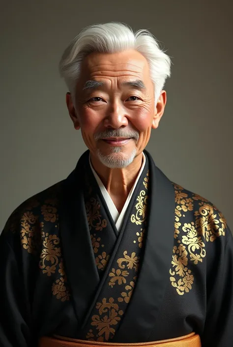 A white-haired man with black eyes and a black and gold kimono smiling