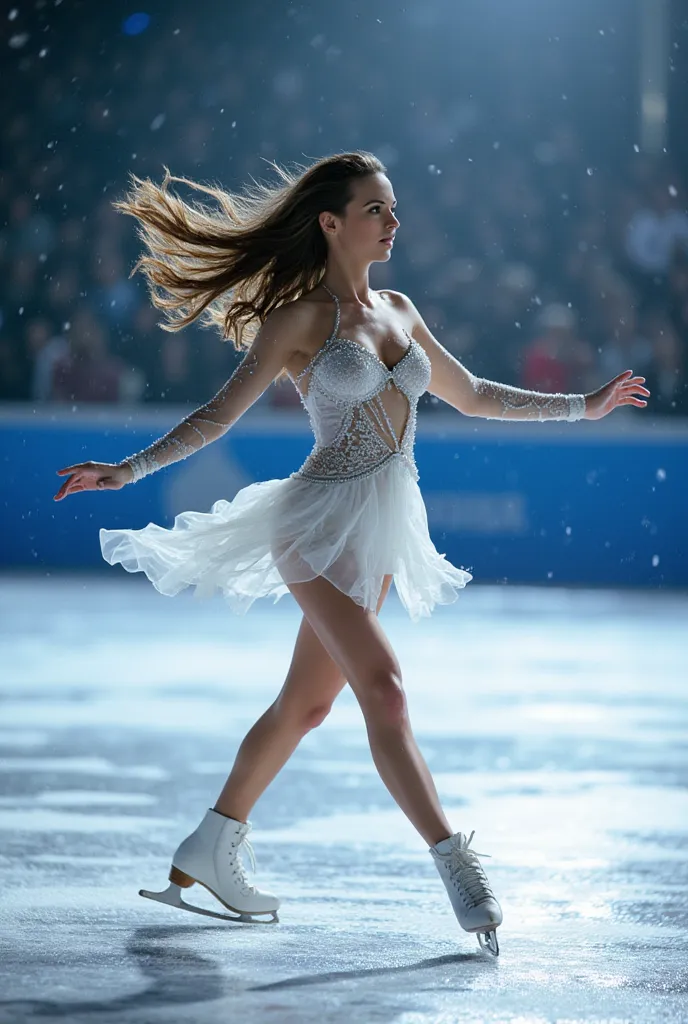 Draw a graceful female ice skater named KarenMcDougal gliding on a frozen ice rink. She is wearing a elegant, sparkling ice skating tight dress, adorned with subtle snowflake patterns. Her long hair flows behind her as she moves, and her expression is calm...