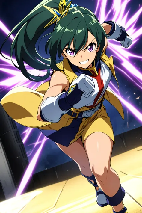   1 girl,Alone,Strong Will , Dark green hair, Long back hair,   clenching my right fist,  your hair bounces off , sleeveless,   long hair,chest,ハンドレス gloves  ,smile,Winning Spirit, is closing her mouth,Gundam,Yu-Gi-Oh!!!, Pretty Cure, futureな hair ornament...