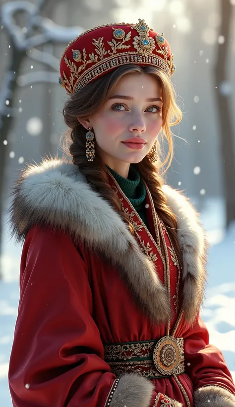 A charming Russian woman in a luxurious sarafan and kokoshnik headdress, standing in a snowy landscape with a shy yet warm smile.(Best masterpiece: 1.5)0.9], (Radiant glow: 1.1), (Thick lips: 0.9), Fat girl, Realistic painting inspired by Shadi Safdi, Art ...