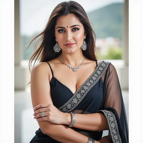 Full body photo portrait of beautiful indian lady in her 30s, looking at viewer, wearing transparent black saree and black sleeveless blouse, modern jewellery, (realistic eyes, symmetric face:0.8) (masterpiece:1.2) (photorealistic:1.2) (bokeh) (best qualit...