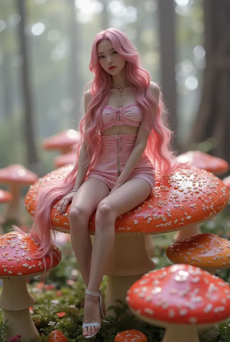 1girl,beautiful 18 year old girl,long pink hair,bare shoulders,sitting on a giant mushroom,elegant,chic,modern,fashionable,muted colors,soft lighting,art nouveau,psychedelic anime style,colorful,trippy,(best quality,4k,8k,highres,masterpiece:1.2),ultra-det...