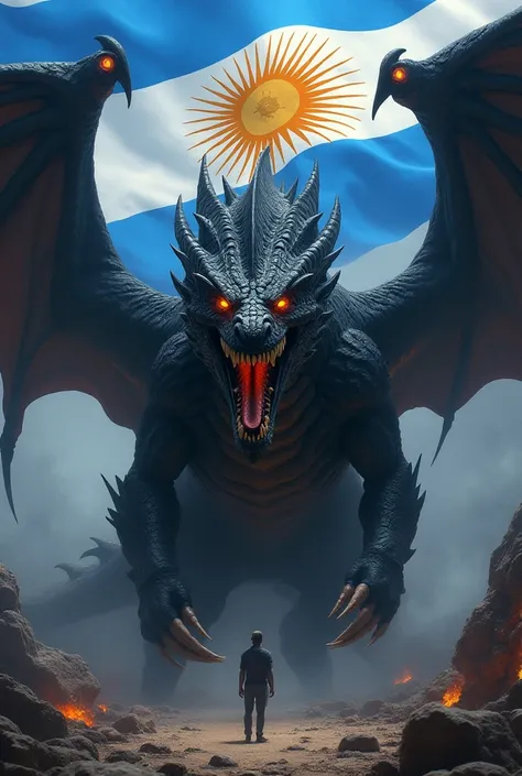 An imposingly roaring black dragon and an Argentinian flag in the background