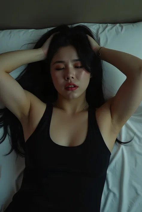 a 30 yo korean woman, slightly curvy, huge breast, wearing black tanktop, cleavage. ((crying face, Furrowed eyebrows, closing eyes, open mouth, face facing upwards)). lying on the bed. arms up, pale skin, black hair