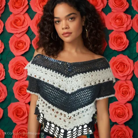 arafed woman with curly hair and a crochêed top standing in front of a wall of roses, Tessa Thompson inspired, inspirado por Sophia Beale, inspirado por Rose Henriques, Tessa Thompson, inspirado por Marie-Gabrielle Capet, crochê, inspirado em Louisa Chase,...