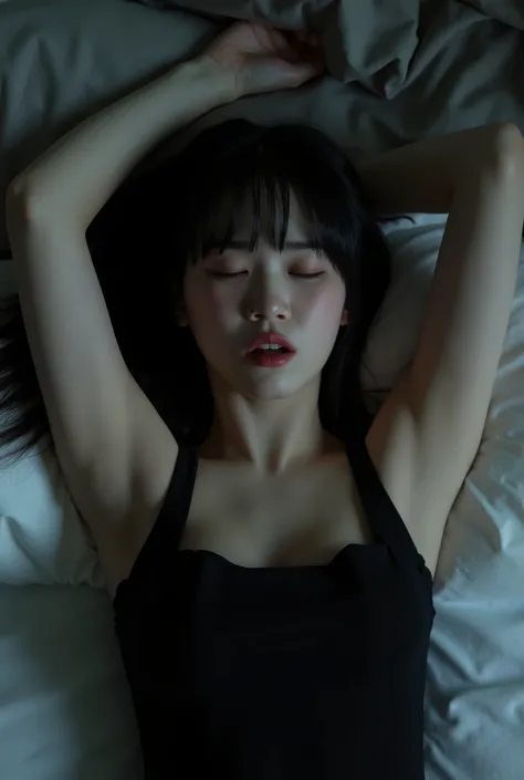 a 30 yo korean woman, slightly curvy, huge breast, wearing black tanktop, cleavage. ((crying face, Furrowed eyebrows, closing eyes, open mouth, face facing upwards)). lying on the bed. arms up, pale skin, black hair