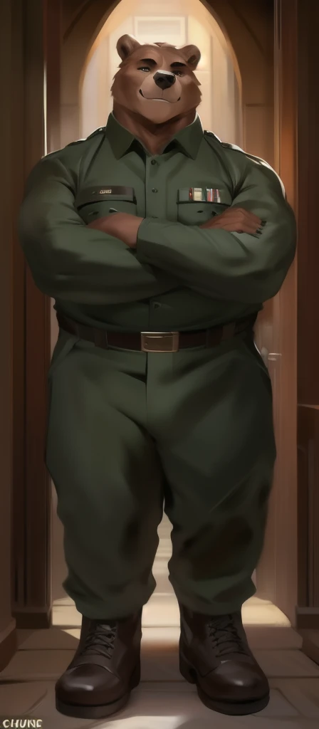 Solo, male Tall,model, huge​ body,​standing, den,bear , black green Army uniform, overweight, muscular, smirking, by chunie​