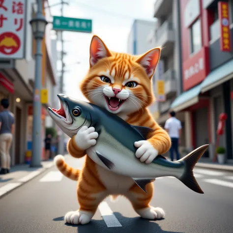 araffe cat holding a fish in its paws while walking down a street, real-life tom and jerry, cat attacking tokyo, awesome cat, funny cat, fish in the background, in an action pose, pouncing, proudly holding a salmon, running cat, happy cat, fish man, angry ...