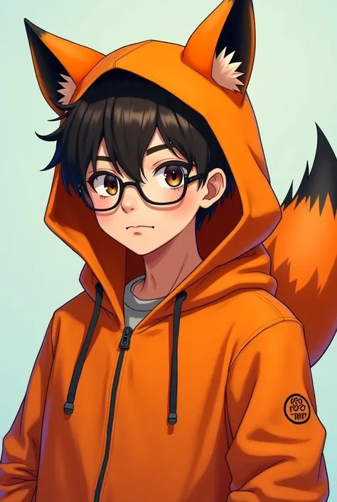 young man with DARK SKIN and brown hair, wearing glasses, and wearing an orange fox hood anime random pose 