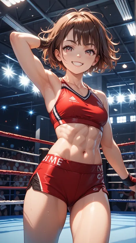 Three-rope wrestling ring, gymnasium with lots of spectators, small female wrestler, young face, not much muscle, short brown hair, navel out with top and bottom separated, red and white ring costume, sporty, right arm raised above, smile