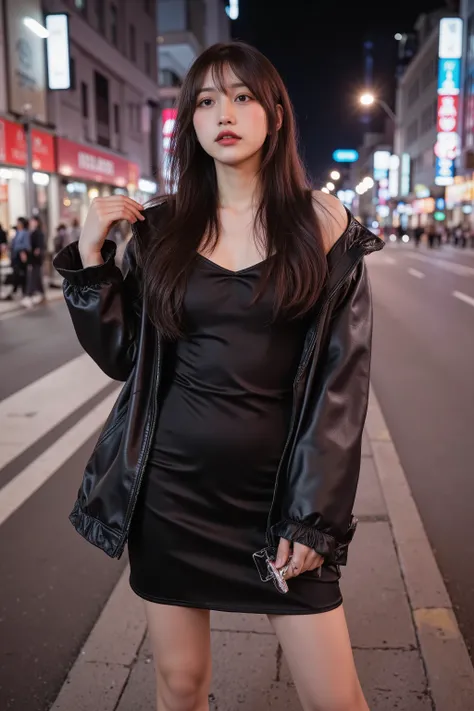 Aesthetic Instagram shot of a young Asian woman standing under the neon lights of the city after a night out. She wears an elegant, slightly oversized leather jacket over a sleek satin dress, paired with heeled ankle boots. Her long, straight black hair ca...