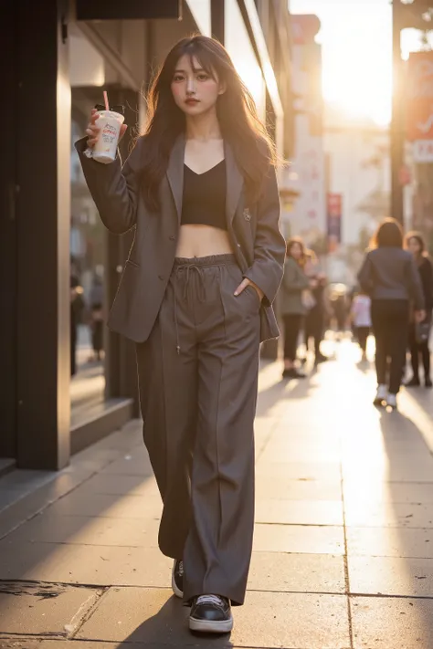 Golden hour city vibes: A young Asian woman walking confidently down a stylish shopping street, her long black hair flowing naturally. She wears an oversized blazer over a cropped top, wide-leg trousers, and chunky sneakers. She holds an iced coffee in one...