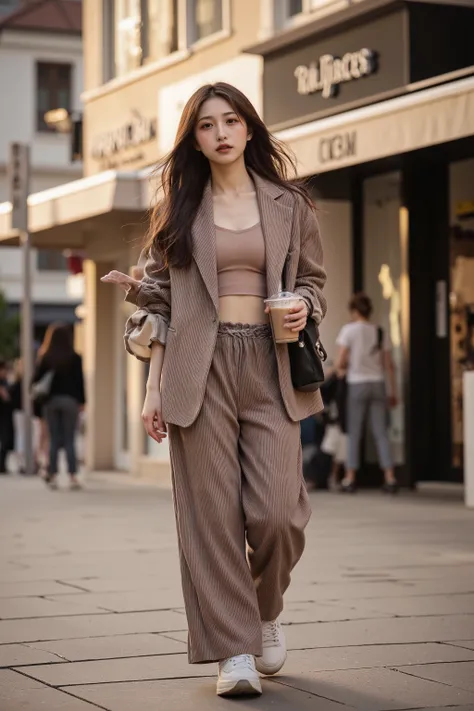 Golden hour city vibes: A young Asian woman walking confidently down a stylish shopping street, her long black hair flowing naturally. She wears an oversized blazer over a cropped top, wide-leg trousers, and chunky sneakers. She holds an iced coffee in one...