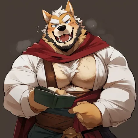 dog, furry, malamute, handsome, very muscular, very big, extremely hot and sexy, beard, hair, chest hair, charming eyes, solo, male, happy expression, daddy, full body, big body, blue medieval clothes, middle aged, by hyaku, by darkgem, by glitter trap boy