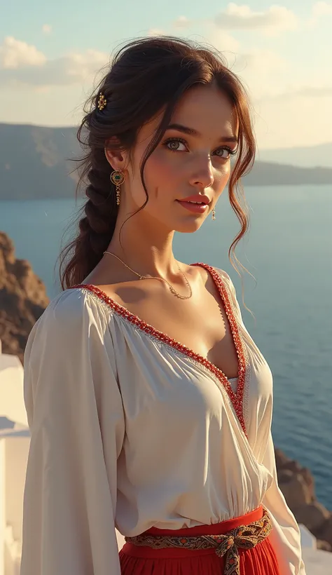 A radiant Greek woman dressed in a traditional Amalia outfit, standing against the breathtaking backdrop of Santorini, her gaze soft and dreamy.(Best masterpiece: 1.5)0.9], (Radiant glow: 1.1), (Thick lips: 0.9), Fat girl, Realistic painting inspired by Sh...