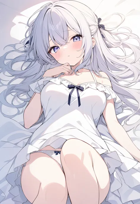  a girl ，  white underwear，Lying down， facing the camera