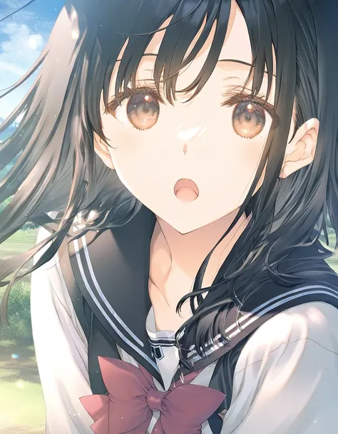  1 girl,  School Student ,   black hair,  Beautiful Detailed Eyes , chest,   expressionless  ,  open your mouth ,  outdoor,wind,  fantasy,  game cg, break,( Artist :Mitsumi_Misato), Artist : Fujiyama , Artist :Coconoca  , break,( Masterpiece), ( top qualit...