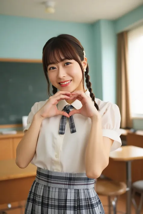 "A Japanese high school girl standing in a classroom, making a heart shape with her hands. She is wearing a typical school uniform, consisting of a white blouse and a plaid skirt, with a ribbon tie. The classroom has wooden desks, chairs, and a blackboard ...