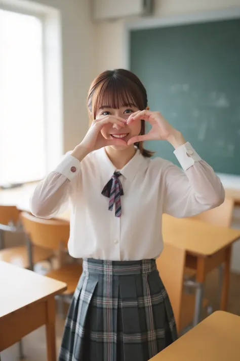 "A Japanese high school girl standing in a classroom, making a heart shape with her hands. She is wearing a typical school uniform, consisting of a white blouse and a plaid skirt, with a ribbon tie. The classroom has wooden desks, chairs, and a blackboard ...