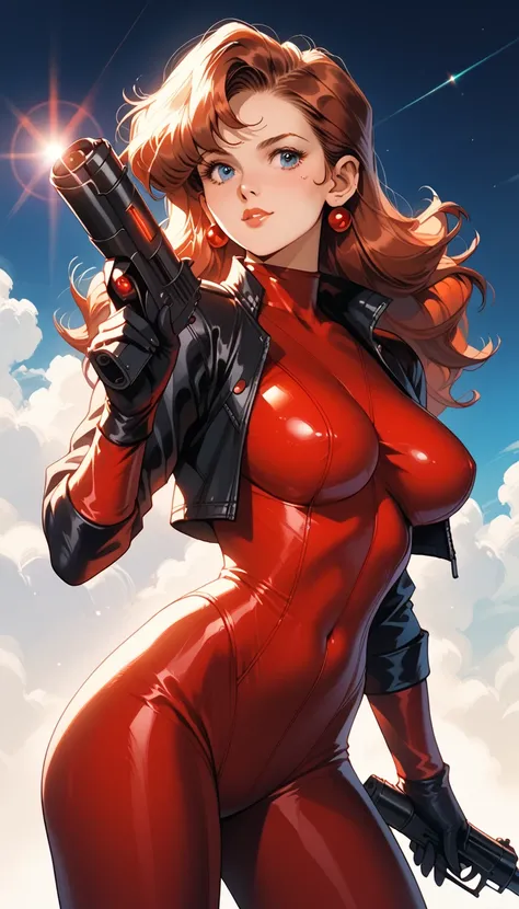 30 year old Carrie Kelley wearing red retro scifi, bodysuit, holding a retro 1930's laser pistol.,Large breasts,clothed,Lens Flare, retro scifi background 