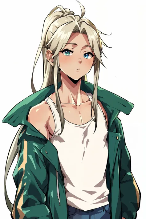 Generate for me an young and cute attractive androgynous male with a long Sephiroth hairstyle in a brown color, he wears a long green jacket, large tank top in a white color and relaxwear bottom in pastel blue, he has heterocromia eyes, with one being blue...