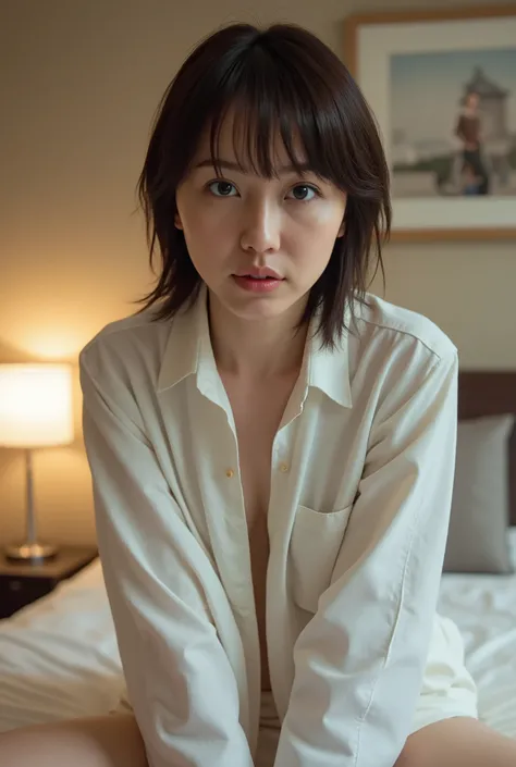 (((   low angle shot、  biologically accurate images  、      staring at the camera   :1.22,     lean forward  ,  loose open shirt on all fours on the bed 、     no underwear))),   Japanese Woman 1,        hotel room、    Indirect Lighting、  nudes,  completely...