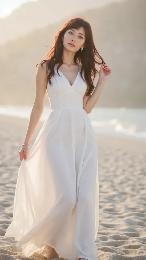 A high resolution photograph of a Japanese woman in a white dress standing on the beach, the sun shining on her face, creating a beautiful and fresh scenery.