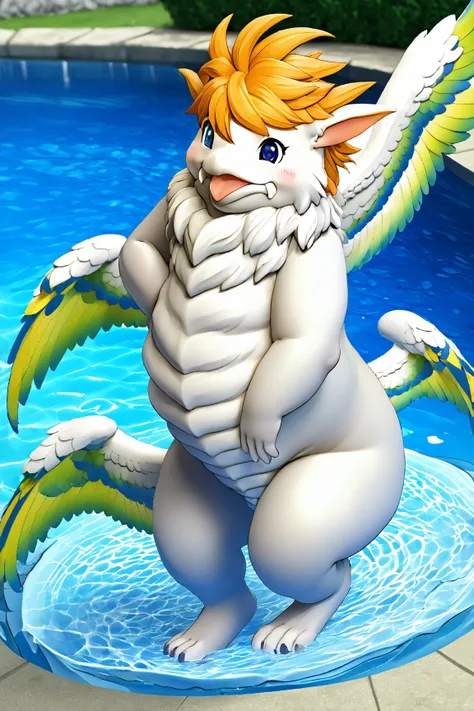  play bow
Put your front foot and back foot on the ground、 butt raised pose

Orange hair, source_anime,solo femboy,dragon,highest quality, blue eye, dragon tail, cute, white body,feathered wings,  Neck fur, low wings, multiple wings.

My belly and limbs ar...