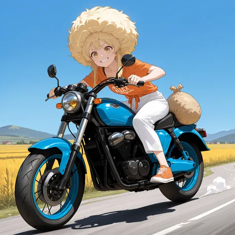 High resolution, Super detailed, Best Quality, masterpiece, 8K, 4K, beautiful background, the best aesthetics, (flat color:0.6), yellow eyes, blonde_hair, huge afro,grin,white teeth,
1girl, riding a motorcycle, sitting on motorcycle, rice bags on motorcycl...