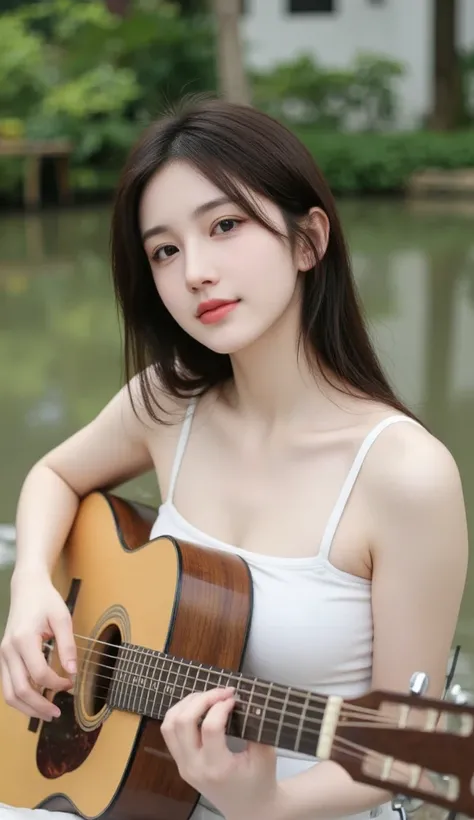 Beautiful Asian woman, wearing a white singlet, happily soloing on a guitar.