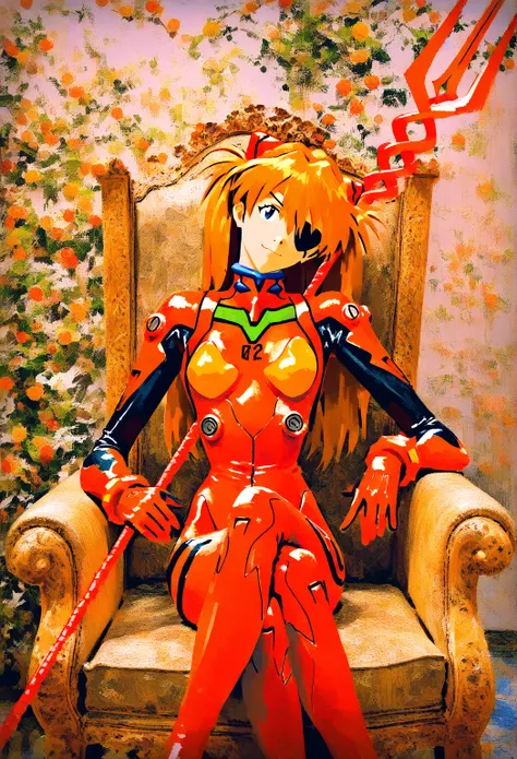 1girl, souryuu asuka langley, neon genesis evangelion, eyepatch, red plugsuit, sitting, on throne, crossed legs, head tilt, holding weapon, lance of longinus \\(evangelion\\), cowboy shot, depth of field, faux traditional media, painterly, impressionism, p...