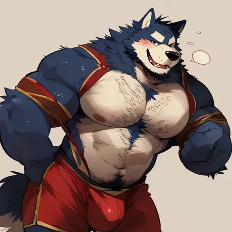 dog, furry, malamute, handsome, very muscular, very big, extremely hot and sexy, beard, hair, chest hair, charming eyes, solo, male, happy expression, daddy, full body, big body, bulge, blue medieval clothes, middle aged, by hyaku, by darkgem, by glitter t...