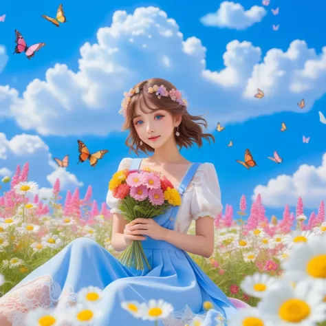 anime、kawaii"An surreal girl is sitting in a vast flower field. She is holding a colorful bouquet of flowers, and in the background there is a blue sky with white clouds. Butterflies are fluttering in the sky, and sparkling light particles are floating in ...