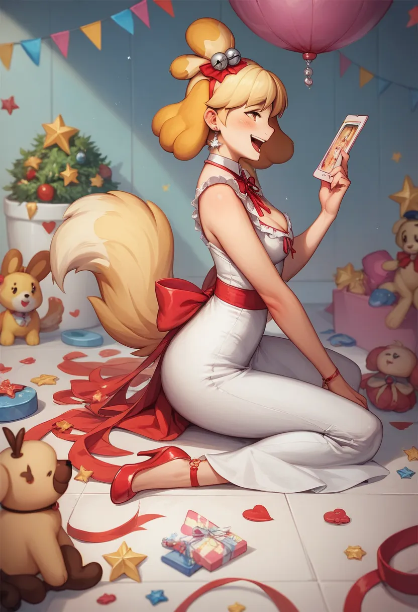  There's a little dog sitting on the floor with a toy, Shih Tzu,  miko,  looking at the camera , in a fancy dress,  looking from the side, profile picture, looking very silly, looking partially to the left, Shui Mo Hua,  a red ribbon in her hair, very very...