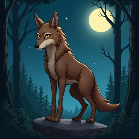 Draw a werewolf ;  Woman; anthropomorphic;  defined body; brown hair all over the body; slender coat ; wolf head; wolf snout;  yellow eyes ;  is smiling;  mouth shut;  wolf ears;  with a slender tail ; Size 1 meter and 90 tall;  the setting is a forest ;  ...