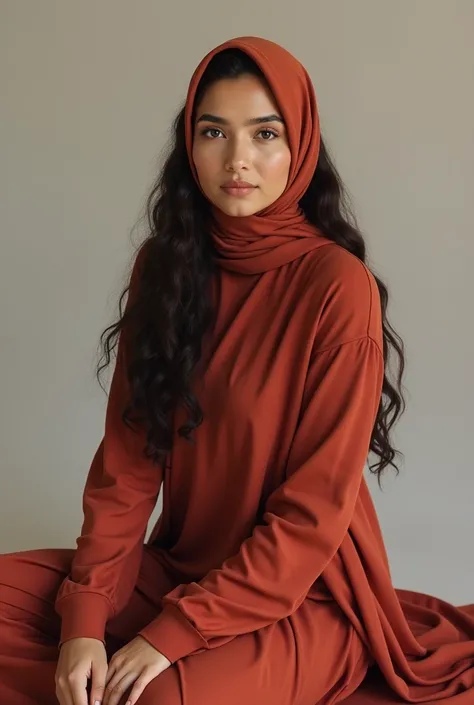 A brunette Pakistani-Latina Muslim hot girl with hijab and big breasts sits with her legs stretched out, taking a realistic photo