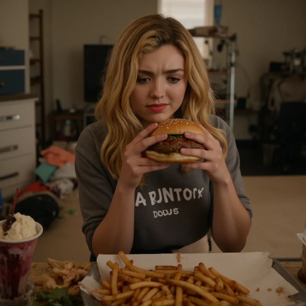 sexy Peyton, full body, seductive happy grin, skinny waist, firm boobs, wide hips, make-up face, holding a greasy wet burger close to her mouth, surrounded by burgers and fries and ice cream, shirt with the words "ruin your body", bright lighting, bed, mes...