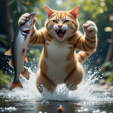 aRaffe 猫 holding a fish in its paws while jumping in the aiR, Real-life tom and jeRRy, !!! 猫!!!, ultRa Realistic pictuRe, ultRa Realistic!!!, あぁ, fish in the backgRound, R/あぁ, veRy veRy Realistic, !!!! 猫!!!!, ( ultRa Realistic ), hypeRdetailed!!!, pRoudly ...