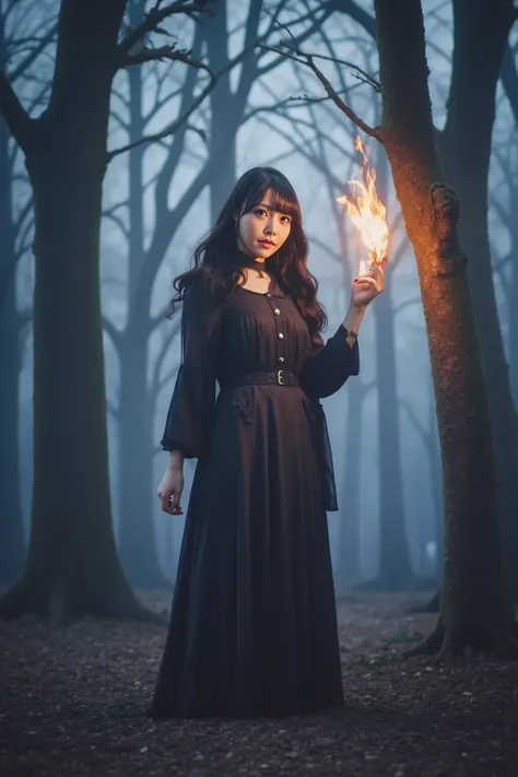 A mysterious witch standing in an eerie forest, casting a fireball from her fingertips. She is dressed in a dark, flowing cloak with a pointed hat, and her long, wild hair flows around her. The forest is dense with twisted trees, fog, and shadows, creating...