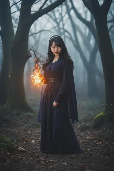 A mysterious witch standing in an eerie forest, casting a fireball from her fingertips. She is dressed in a dark, flowing cloak with a pointed hat, and her long, wild hair flows around her. The forest is dense with twisted trees, fog, and shadows, creating...