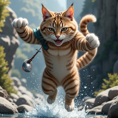 aRaffe 猫 holding a fish in its paws while jumping in the aiR, Real-life tom and jeRRy, !!! 猫!!!, ultRa Realistic pictuRe, ultRa Realistic!!!, あぁ, fish in the backgRound, R/あぁ, veRy veRy Realistic, !!!! 猫!!!!, ( ultRa Realistic ), hypeRdetailed!!!, pRoudly ...