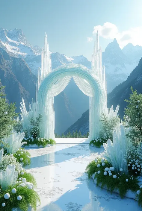 a surreal wedding decor in white and icy blue colour on green mountains 