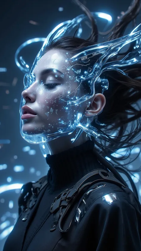  A floating bionic woman is surrounded by a digital storm， Her face blends into the flow of bright data ， wearing a transparent holographic mask ， emits a serene blue glow ， showing mysterious codes and compositions on its surface ，Her eyes closed 。