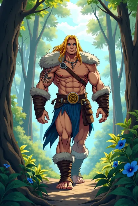  style in anime style, a blond barbarian giant with blue eyes,serene look,  walking in the woods.