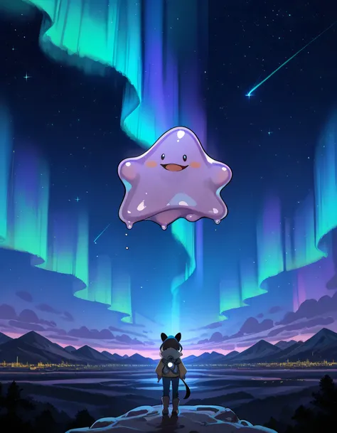 ditto( Pokemon ),Some Pokémon are constellations、night, starry sky ,Shine, Fantastic Scenery, Aurora Revolution,hologram,A sinister atmosphere, (main character: 1.3), fantastic world view, decadent, kaleidoscope,limited colors,lineart+, by Alphonse Mucha ,...