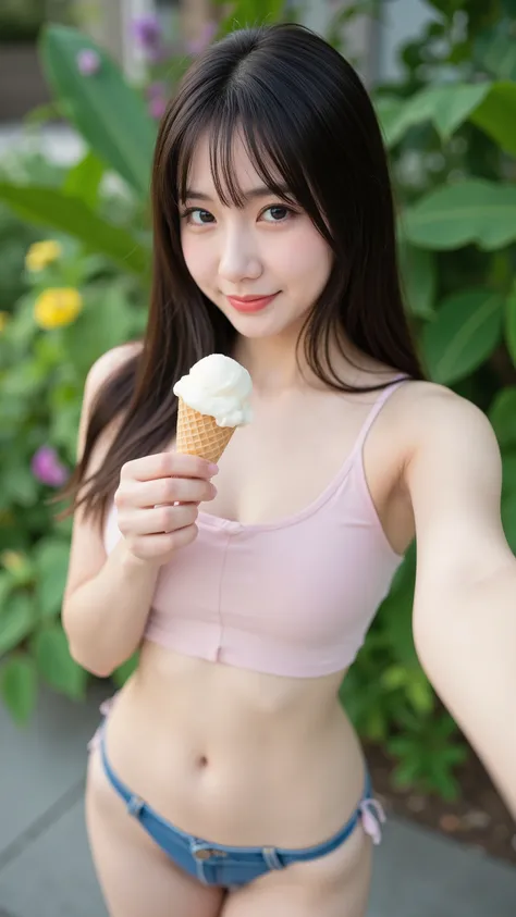 amateur shot a pov of an instagram selfie , a women standing in the garden, wearing light pink crop top with denim short bikini line, holding an ice-cream cone, flirting, looking at viewer , aerial view, shallow depth of field,  tube lighting, no make up, ...