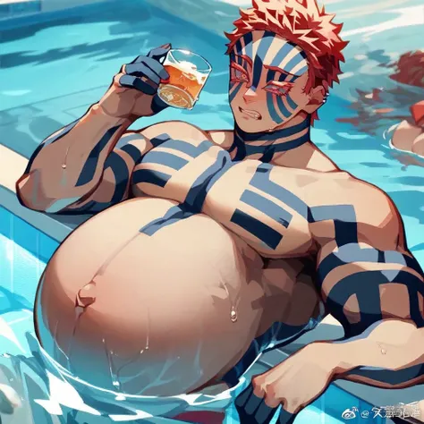 Shirtless Pregnant man is in a pool wearing a bikini and his massive pregnant belly potrudes outward 