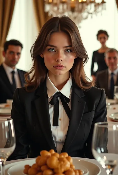 
"A young woman, around 20 years old, with brown hair and striking gray eyes, is seated at a luxurious dining table, wearing a sexy, tailored school uniform. She exudes beauty but carries a look of loneliness in her expression. Her family, consisting of he...