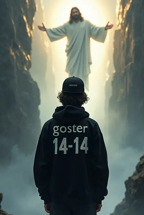 Jesus descending and a young man with his back wearing a black sweatshirt and hat and slightly long hair who has the words goster 14-14 written