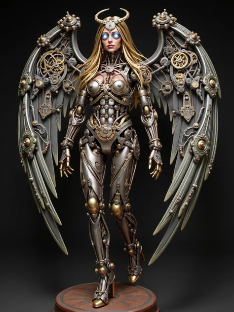 Clockwork Female Angel, Angel Wings (6 foot Wingspan), Stainless Steel skinned , Long Flowing Golden Hair, Large Breast, Voluptuous muscular Build, wide hipped, thick muscular thighs, iridescent White glowing glass eyes, standing in a laboratory